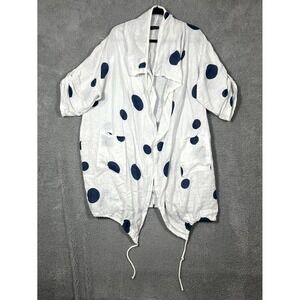 Bella Amore Italian Linen Cardigan L/XL Blue Polka Dots Drawcord Hem Vacation